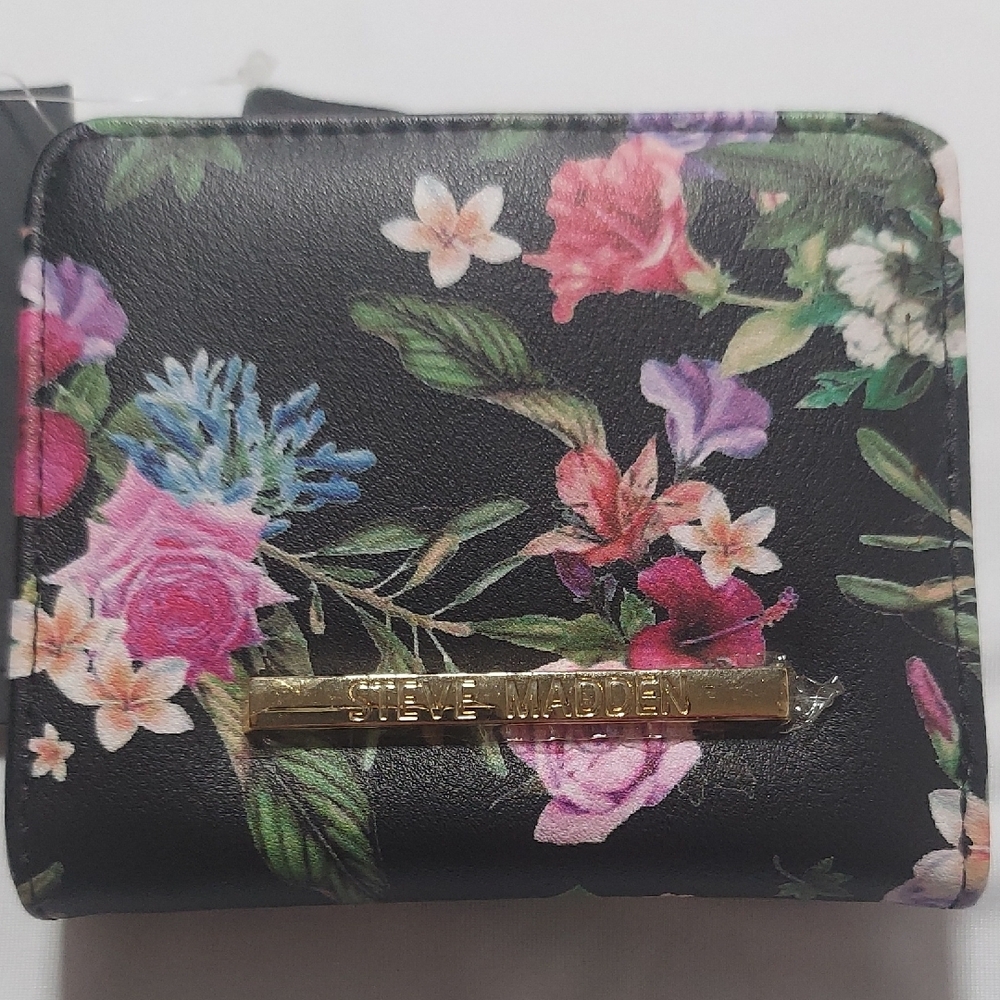 Steve Madden Black Floral Wallet with Gold Detail